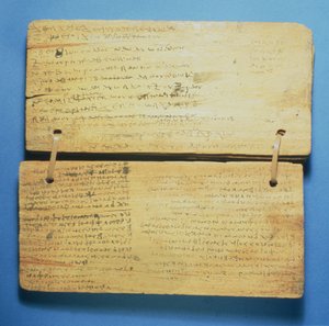 Cuaderno de trabajo de escolares, con escritura griega (pigmento y madera)